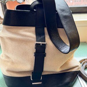 Rebecca Minkoff Off-White Canvas Black Leather Tote Bucket Bag